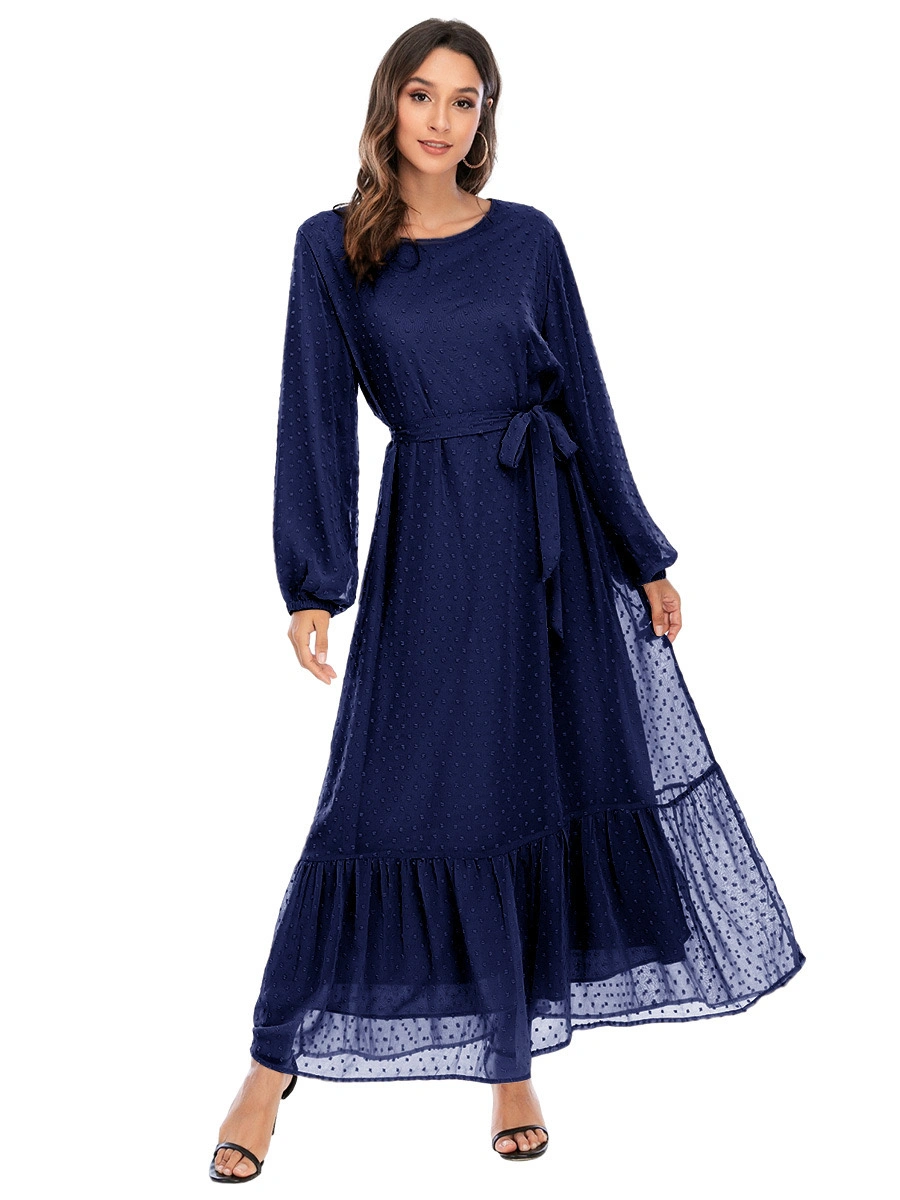 New Fashion Casual Wholesale Dots Woven Round-Neck Lined MIDI Dress