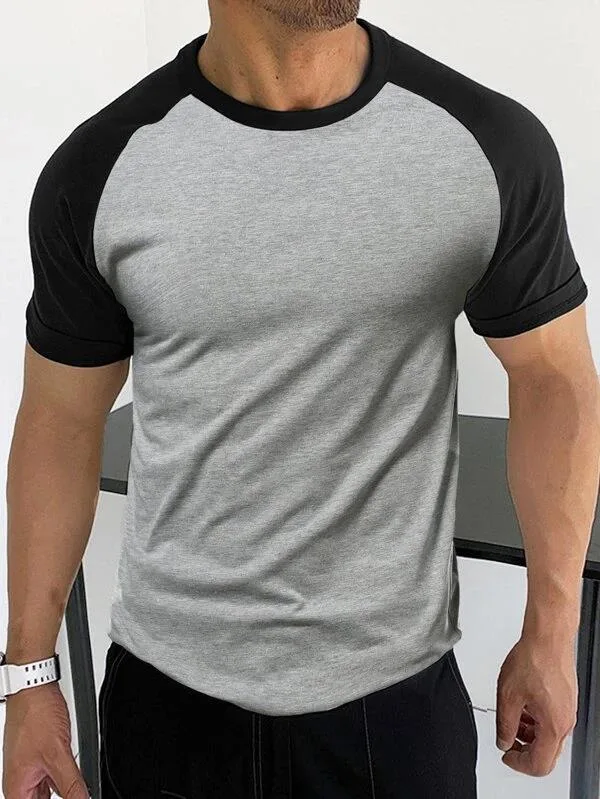 Custom Logo Short Sleeves Round Neck Grey and Black 100% Polyester Men Top Colorblock Raglan Sleeve Tee