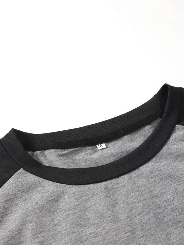 Custom Logo Short Sleeves Round Neck Grey and Black 100% Polyester Men Top Colorblock Raglan Sleeve Tee
