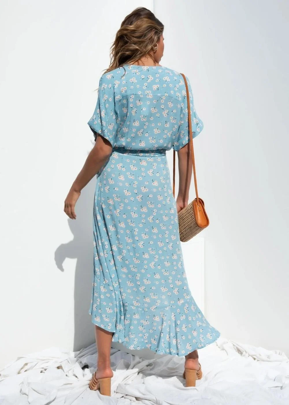 Women&prime;s Printed Holiday Beach Slit Maxi Dress V Neck Short Sleeved Dress