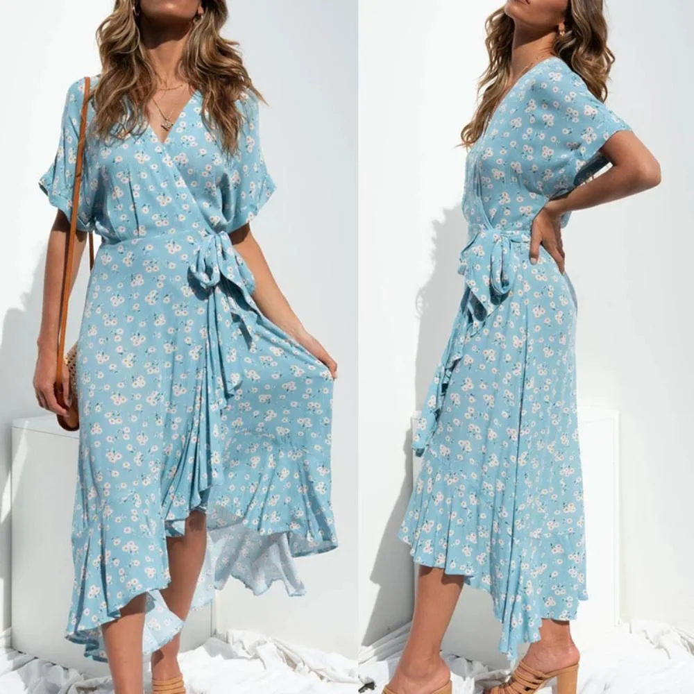 Women&prime;s Printed Holiday Beach Slit Maxi Dress V Neck Short Sleeved Dress