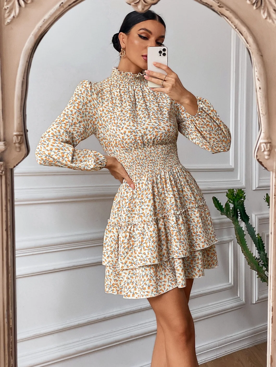 Independent Research and Development Design Noble Temperament Floral Dress Spring and Autumn Four Seasons Cake Skirt Women Dresses