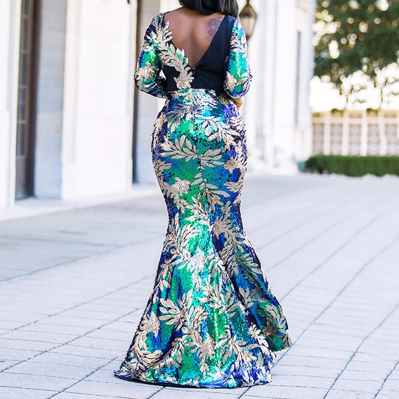 Bodycon Sparkly Elegant Shiny Vintage Green Long Sleeve Mermaid Sequin Dress Party Evening Fashion African Evening Dresses