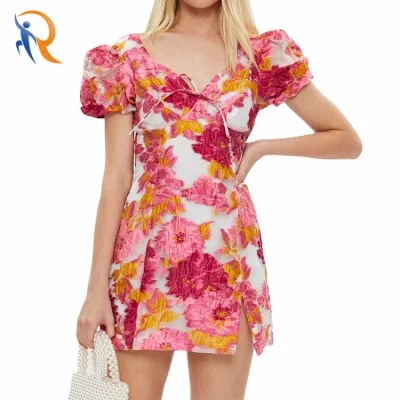Summer Causal Dress V Neck Floral Print Slit Bodycon Mini Dress Women A Line Dress