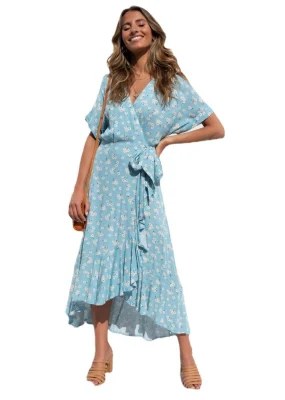 Women′s Printed Holiday Beach Slit Maxi Dress V Neck Short Sleeved Dress
