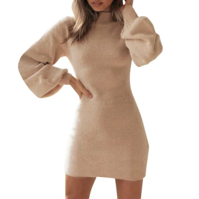 Wholesale Autumn Winter Hot Sale Turtleneck Bodycon Khaki Long Pop Sleeve Plush Mini Dress Women Sweater Dresses