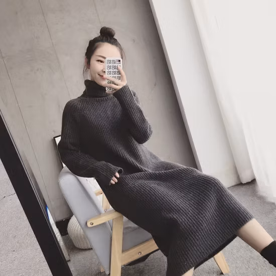 Wholesale Autumn Winter Women Knit Dress with Belt Button French Style Elegant Solid Color Sweater Long Dress